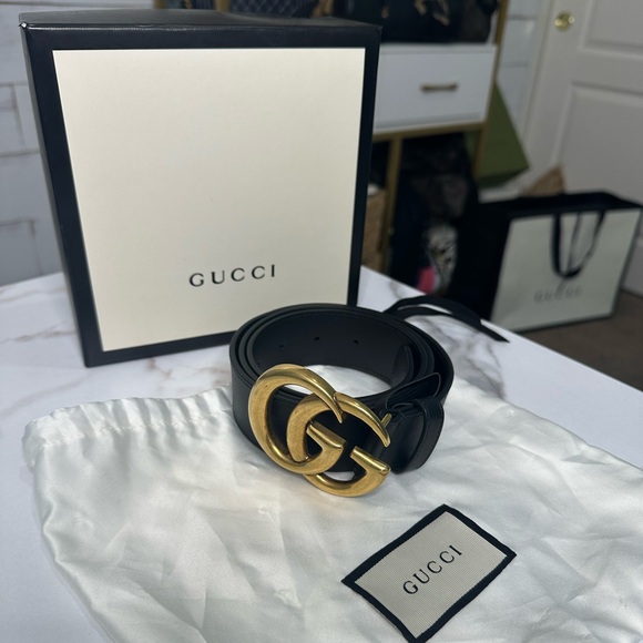 Authentic Gucci GG Marmont Black Leather Belt Gold Logo 90/36 - Picture 1 of 6